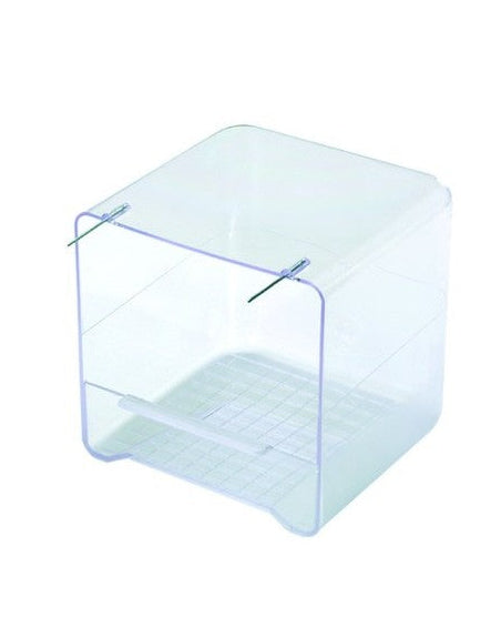 Bagno per uccelli in plastica trasparente, con agganci in metallo per una presa più sicura.