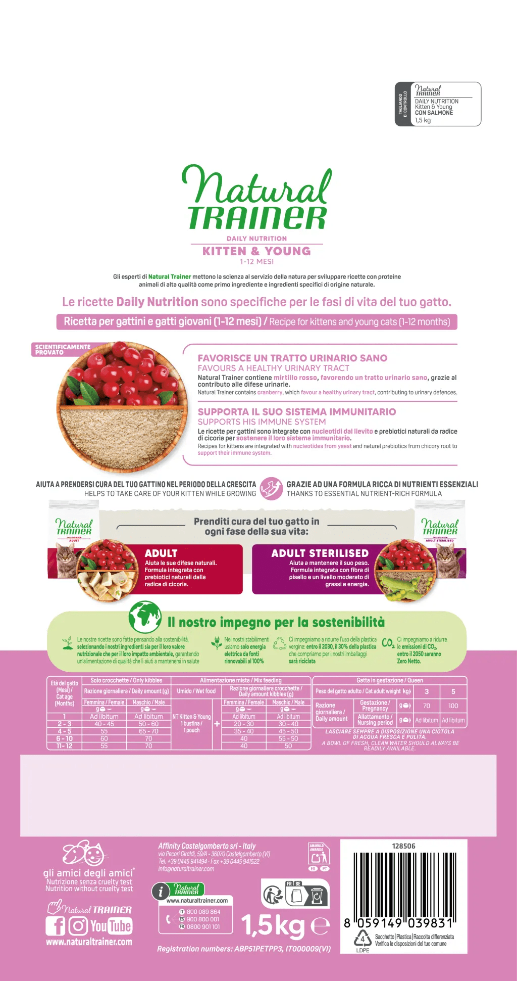 NATURAL TRAINER - Kitten & Young con Salmone - Crocchette per gattino da 1 a 12 mesi