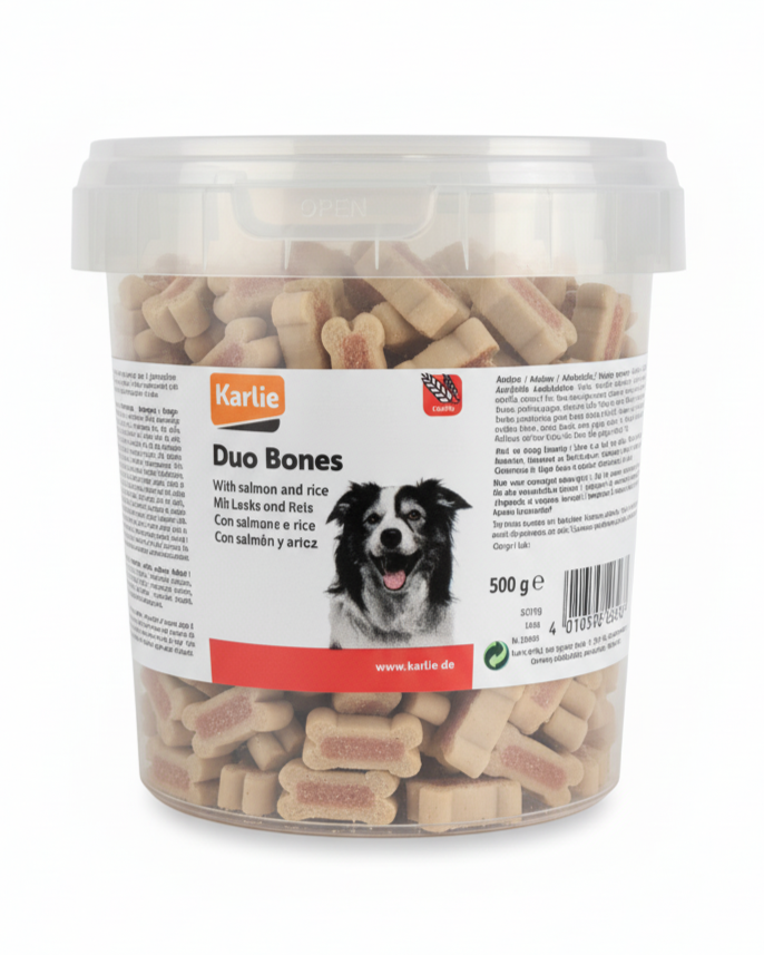 Karlie | Duo Bones Salmone e Riso – Snack a Forma di Osso per Cani 500g